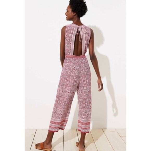 LOFT Beach White&Burgundy Print Rayon Jumpsuit Sz.18 NWT - Picture 2 of 15